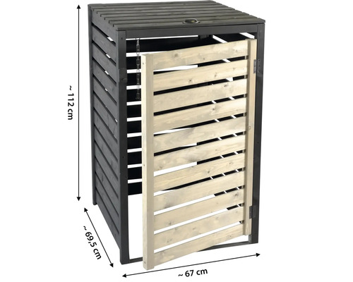 Abri pour une poubelle en bois mesurant environ 112 centimètres de haut, 67 centimètres de large et 69,5 centimètres de profondeur.