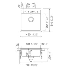 Dessin technique d un évier de cuisine avec vue de dessus et de côté incluant les dimensions en millimètres et en pouces.
