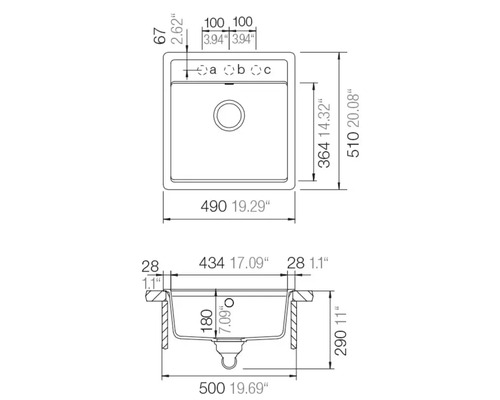 Dessin technique d un évier de cuisine avec vue de dessus et de côté incluant les dimensions en millimètres et en pouces.