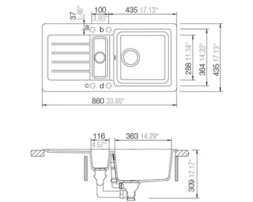 Technische Zeichnung einer Einbauspüle mit 1,5 Becken und Abtropffläche sowie Massangaben in Millimeter und Zoll.