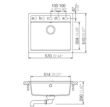 Dessin technique d un évier de cuisine avec dimensions en millimètres et pouces, vue de dessus et vue latérale avec tuyau d évacuation.