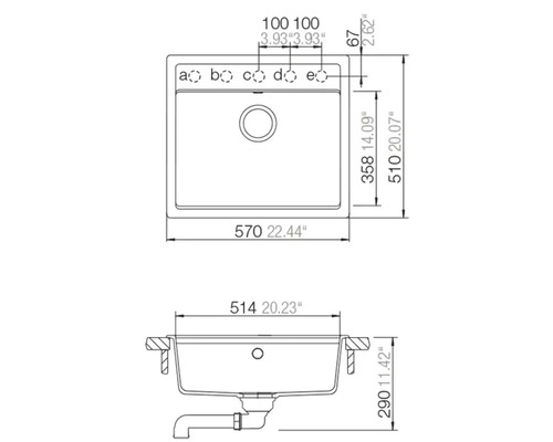 Dessin technique d un évier de cuisine avec dimensions en millimètres et pouces, vue de dessus et vue latérale avec tuyau d évacuation.