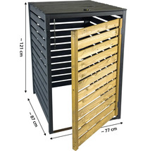 Cache-poubelle bois anthracite et naturel, porte ouverte, environ 121 centimètres de haut, 87 centimètres de profondeur et 77 centimètres de largeur.