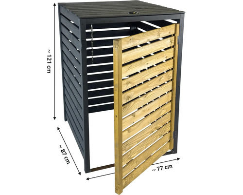 Cache-poubelle bois anthracite et naturel, porte ouverte, environ 121 centimètres de haut, 87 centimètres de profondeur et 77 centimètres de largeur.