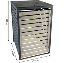 Cache-poubelle en bois pour un conteneur, environ 121 centimètres de haut, 87 centimètres de profondeur et 77 centimètres de large, anthracite et gris.