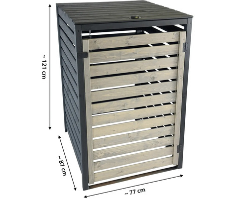 Cache-poubelle en bois pour un conteneur, environ 121 centimètres de haut, 87 centimètres de profondeur et 77 centimètres de large, anthracite et gris.