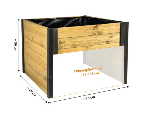 Carré potager surélevé en bois avec entrée, circa 73 par 79 par 56 centimètres, entrée circa 65 par 35 centimètres, avec bâche noire.