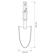 Masszeichnung einer Pflanzkelle mit einer Länge von 29,7 Zentimeter und einer Breite von 8,27 Zentimeter.
