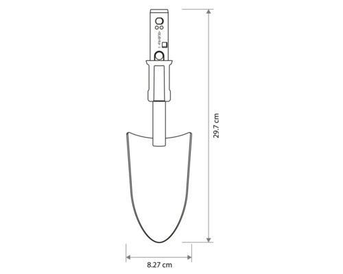 Masszeichnung einer Pflanzkelle mit einer Länge von 29,7 Zentimeter und einer Breite von 8,27 Zentimeter.