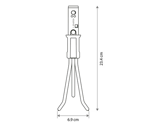 Dessin technique d'un cultivateur à main avec dimensions: hauteur 23,4 centimètres et largeur 6,9 centimètres.