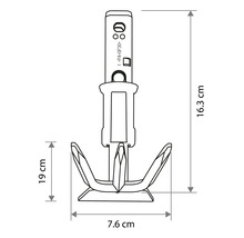 Dessin technique d'une cheville avec dimensions : hauteur totale 16,3 centimètres, largeur 7,6 centimètres et une hauteur partielle de 19 centimètres.