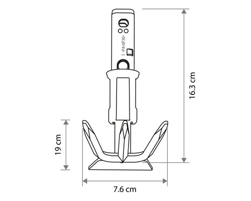 Dessin technique d'une cheville avec dimensions : hauteur totale 16,3 centimètres, largeur 7,6 centimètres et une hauteur partielle de 19 centimètres.