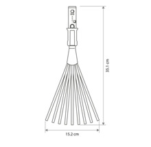 Dessin technique d'un râteau éventail avec dimensions: longueur 35,1 centimètres et largeur 15,2 centimètres.