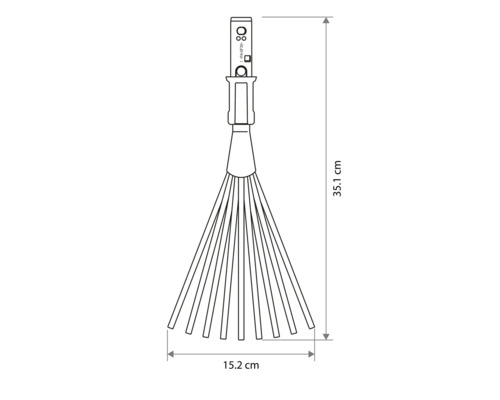 Dessin technique d'un râteau éventail avec dimensions: longueur 35,1 centimètres et largeur 15,2 centimètres.