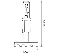 Dessin technique d'un embout de petit râteau de jardin avec dimensions : hauteur 16.6 centimètres et largeur 8.7 centimètres.