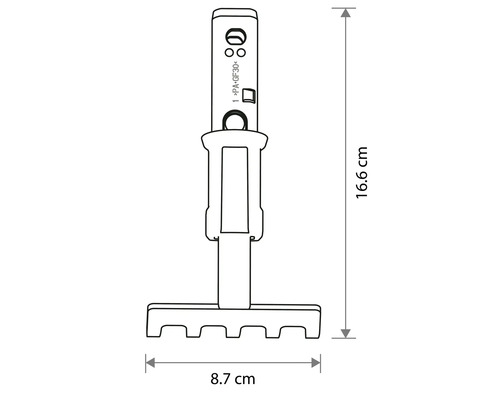 Dessin technique d'un embout de petit râteau de jardin avec dimensions : hauteur 16.6 centimètres et largeur 8.7 centimètres.