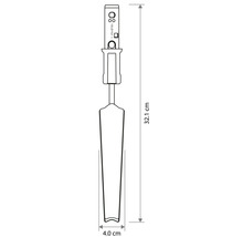 Dessin technique d'un transplantoir étroit d'une longueur totale de 32,1 centimètres et d'une largeur de 4,0 centimètres.