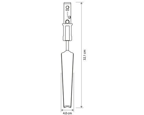 Dessin technique d'un transplantoir étroit d'une longueur totale de 32,1 centimètres et d'une largeur de 4,0 centimètres.