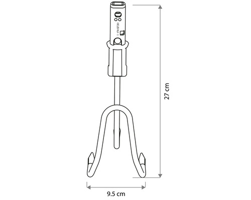 Dessin technique d'un petit cultivateur à trois dents. Hauteur 27 centimètres, largeur 9,5 centimètres.
