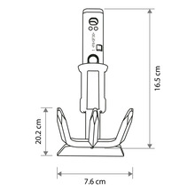 Dessin technique d'un embout de cultivateur de jardin avec les dimensions 16,5 centimètres, 7,6 centimètres et 20,2 centimètres.
