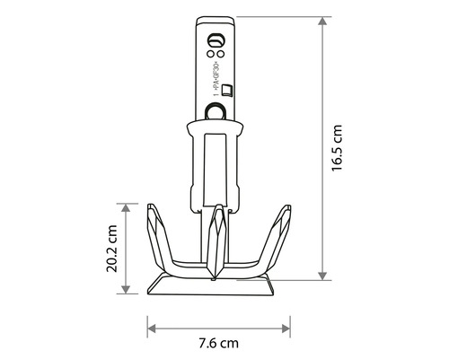 Dessin technique d'un embout de cultivateur de jardin avec les dimensions 16,5 centimètres, 7,6 centimètres et 20,2 centimètres.