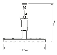 Croquis avec dimensions d un petit râteau d une largeur de 17.7 centimètres et d une hauteur de 17 centimètres.