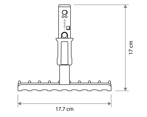 Croquis avec dimensions d un petit râteau d une largeur de 17.7 centimètres et d une hauteur de 17 centimètres.