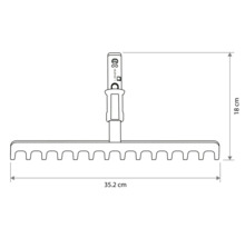 Dessin technique d'une tête de râteau avec une largeur de 35,2 centimètres et une hauteur de 18 centimètres.