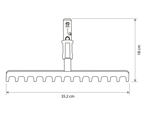 Dessin technique d'une tête de râteau avec une largeur de 35,2 centimètres et une hauteur de 18 centimètres.