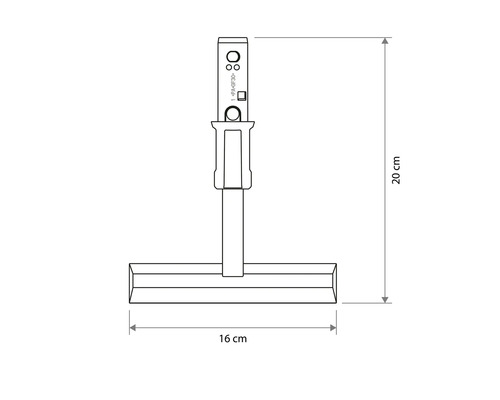 Dessin technique d'une raclette à vitres d'une hauteur de 20 centimètres et d'une largeur de 16 centimètres.