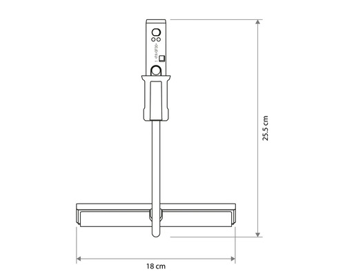 Dessin technique d'une raclette à vitres d'une hauteur de 25,5 centimètres et d'une largeur de 18 centimètres.