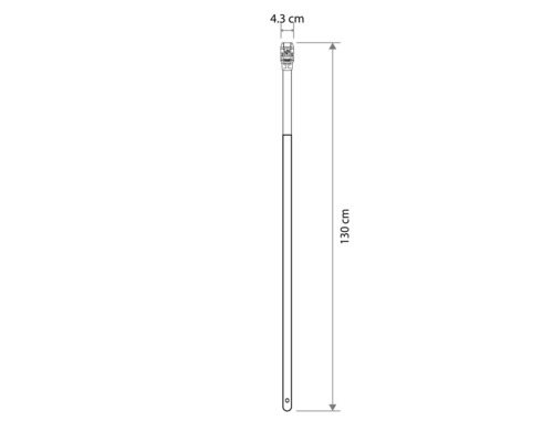 Dessin technique d'un manche avec dimensions : longueur 130 centimètres, largeur en haut 4,3 centimètres.