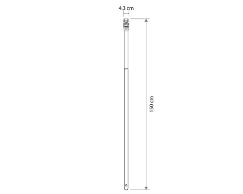 Dessin technique d'un manche d'outil d'une longueur totale de 150 centimètres et d'une largeur supérieure de 4,3 centimètres.