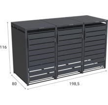 Cache-poubelle triple en métal anthracite, dimensions 116 par 198,5 par 80 centimètres.