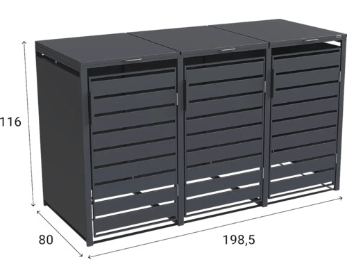 Cache-poubelle triple en métal anthracite, dimensions 116 par 198,5 par 80 centimètres.
