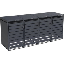 Cache-poubelle pour quatre conteneurs en métal avec lamelles horizontales et couvercles rabattables.