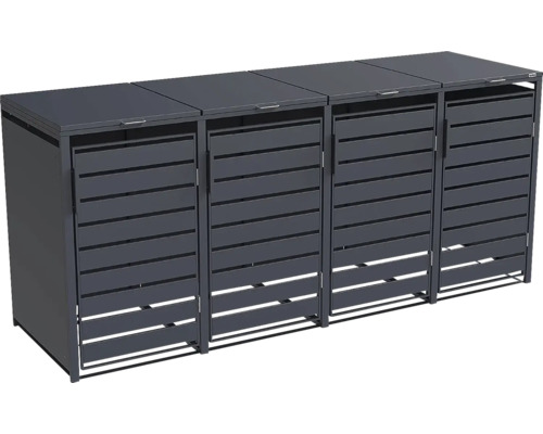 Cache-poubelle pour quatre conteneurs en métal avec lamelles horizontales et couvercles rabattables.