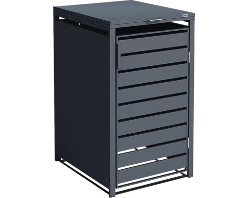 Cache-poubelle Weka en métal anthracite avec couvercle rabattable et porte à lattes.