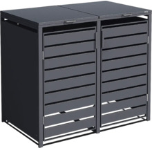 Cache-poubelle double en métal avec portes à lattes et couvercles plats en anthracite.