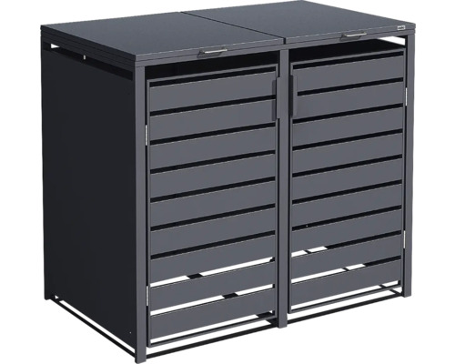 Cache-poubelle double en métal avec portes à lattes et couvercles plats en anthracite.