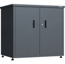 Armoire de jardin Weka en métal avec double porte, serrure, poignées encastrées et pieds réglables en hauteur.