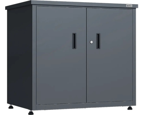 Armoire de jardin Weka en métal avec double porte, serrure, poignées encastrées et pieds réglables en hauteur.