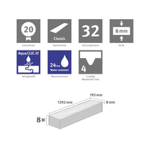20 Jahre Garantie, Nutzungsklasse 32, 8 Millimeter Dicke, 24 Stunden wasserresistent, 4-seitige Fase, Aqua CLIC it Profil. Maße 1292 mal 193 Millimeter.