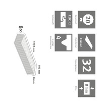 8 Stück, 20 Jahre Garantie, Klick-System, 4-seitige Fase, Nutzungsklasse 32, 8 Millimeter Dicke, Maße 1292 mal 193 Millimeter.