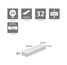 20 Jahre Garantie, Kingsize Format, Nutzungsklasse 32, 8 Millimeter Dicke, CLIC it Verlegeprofil. 6 Stück, Maße 1292 mal 327 mal 8 Millimeter.