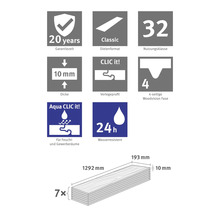 Garantie 20 Jahre, Klasse 32, 10 Millimeter Dicke, Klick-System, 4-seitige Fase, wasserfest 24 Stunden. 7 Dielen à 1292 mal 193 Millimeter.