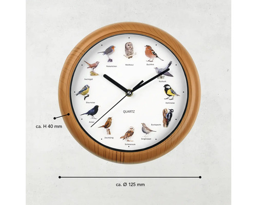 Runde Quartz Wanduhr in Holzoptik mit zwölf verschiedenen Vogelmotiven, Durchmesser circa 125 Millimeter, Höhe circa 40 Millimeter.