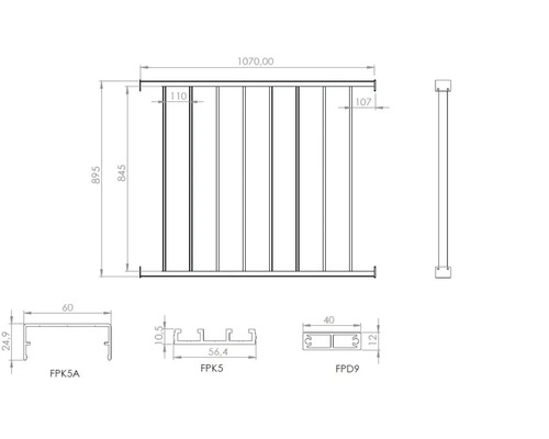 Technische Zeichnung eines Geländers mit den Maßen 1070 mal 895 Millimeter, inklusive Ansichten der Vertikalstäbe und Profilquerschnitte.