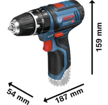 Bosch Professional Akku-Schlagbohrschrauber GSB 12V-15, Länge 187 Millimeter, Höhe 159 Millimeter, Breite 54 Millimeter.