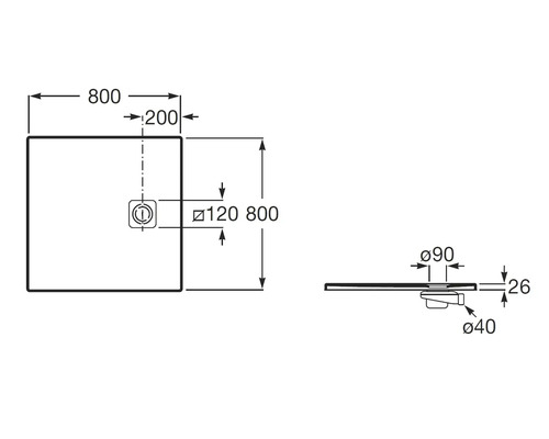 Masszeichnung einer quadratischen Duschwanne mit den Massen 800 mal 800 Millimeter, einer Tiefe von 26 Millimeter und einem Ablaufdurchmesser von 90 Millimeter.